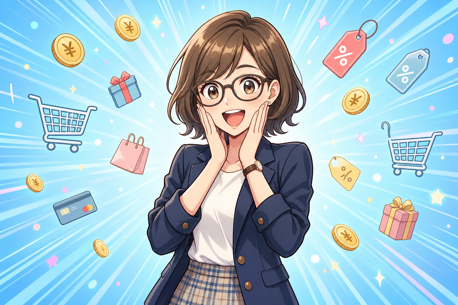 お得な商品を発見して驚くプライスチェッカーのキャラクター