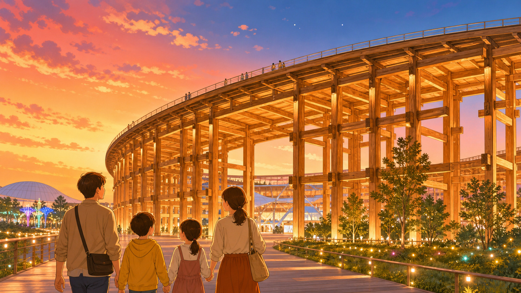 夕暮れの大屋根リングと家族4人のイラスト